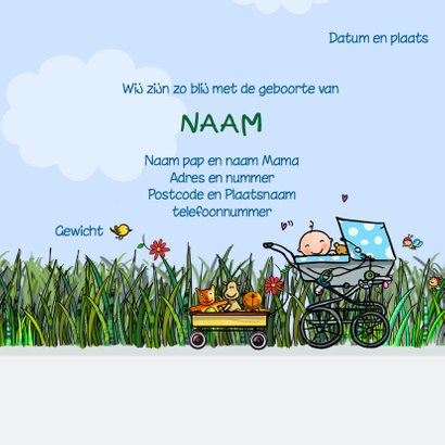 Geboortekaart VW bus blauw baby jongen met zusje 3
