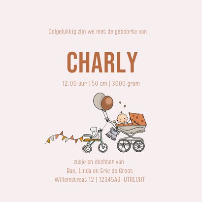 Geboortekaart VW bus oranje met broer en baby 3