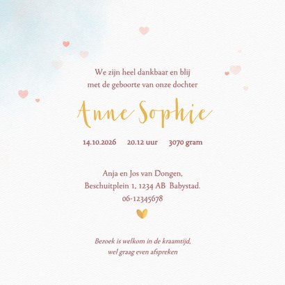 Geboortekaart waterverf olifantje met hartjesconfetti 3