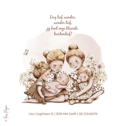 Geboortekaartje 5e zusje met groot gezin in bloemenweide 2