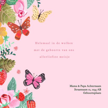 Geboortekaartje aardbeien bloemen vlinder 2