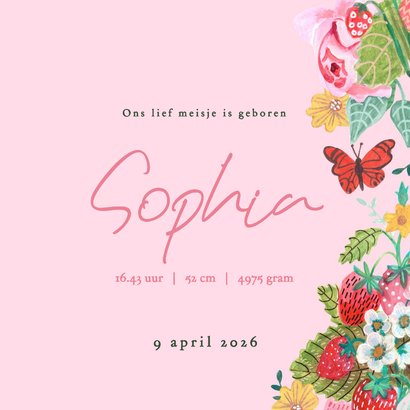 Geboortekaartje aardbeien bloemen vlinder 3