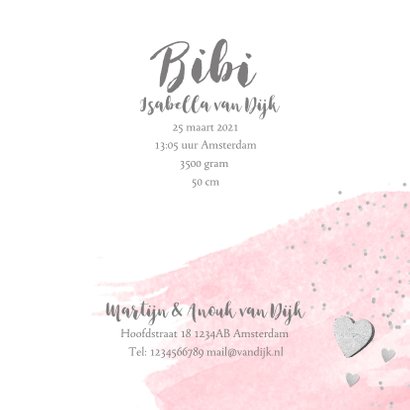 Geboortekaartje aquarel foto label hartjes roze 3