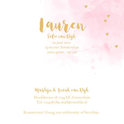 Geboortekaartje aquarel hartjes goud roze 3