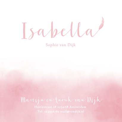 Geboortekaartje aquarel roze veertje 3