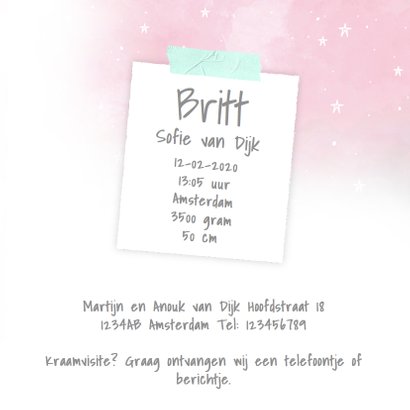 Geboortekaartje aquarel sterren foto's roze mint 3