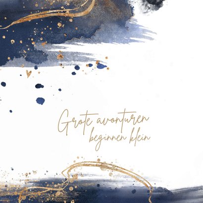 Geboortekaartje blauw aquarelverf met goudlook 2