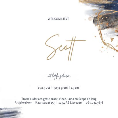 Geboortekaartje blauw aquarelverf met goudlook 3