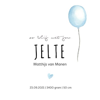 Geboortekaartje blauwe waterverf ballon met hartjes 3