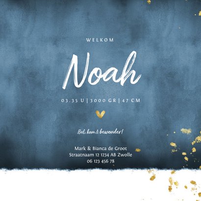 Geboortekaartje blauwe waterverf gouden spetters 3