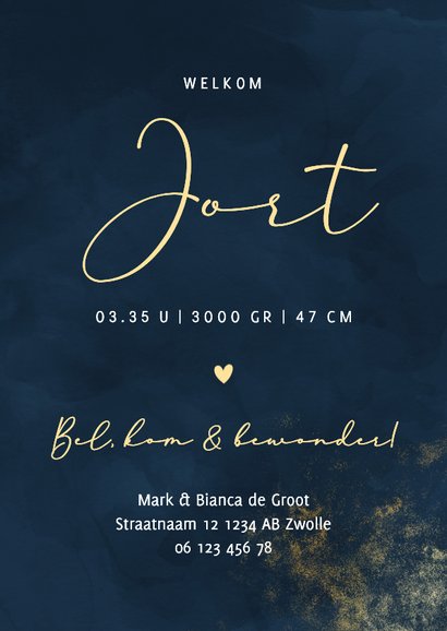 Geboortekaartje blauwe waterverf met gouden poeder 3