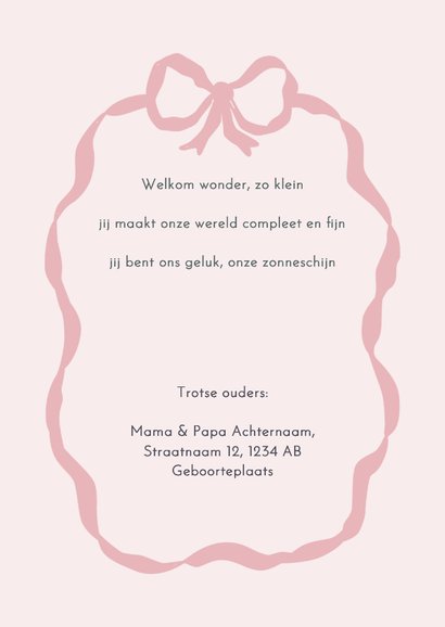 Geboortekaartje bloemen en roze strik 2