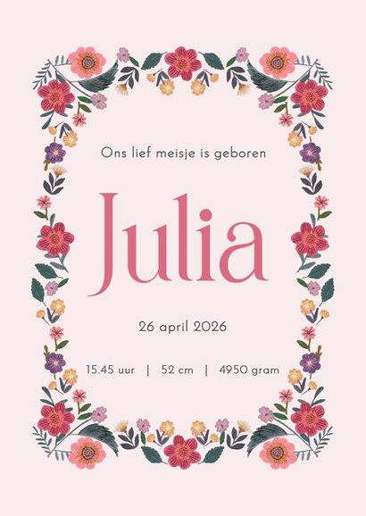 Geboortekaartje bloemen en roze strik 3