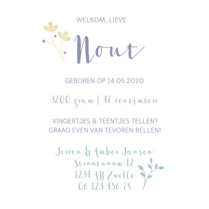 Geboortekaartje bloemen geïllustreerd jongen 3