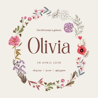 Geboortekaartje bloemen krans rond 3