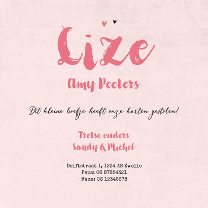 Geboortekaartje boefje meisje baby roze kraft hartjes 3