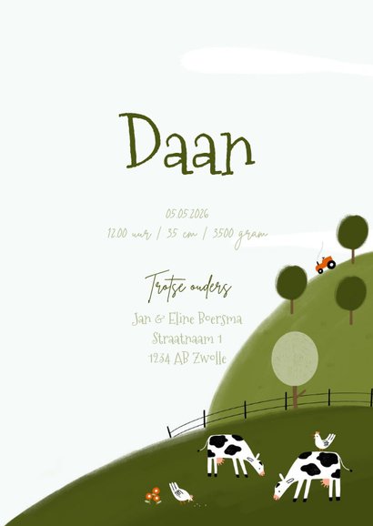 Geboortekaartje boerderij koe schaap kip heuvels 3