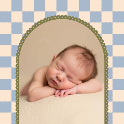 Geboortekaartje boog blauw groen ruitjes met maan modern 2