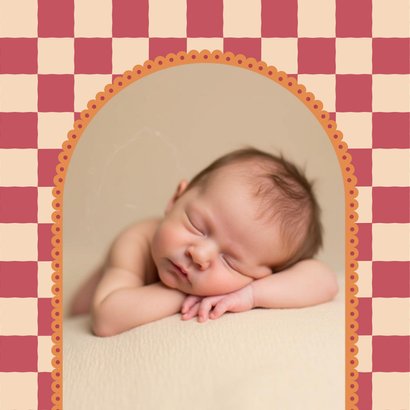 Geboortekaartje boog roze oranje ruitjes met maan 2