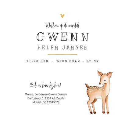 Geboortekaartje bosdieren hertje goud hartje lief 3