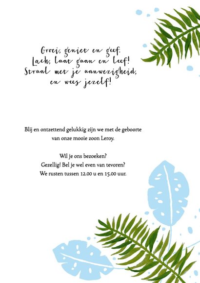 Geboortekaartje botanisch tropisch blauw 3