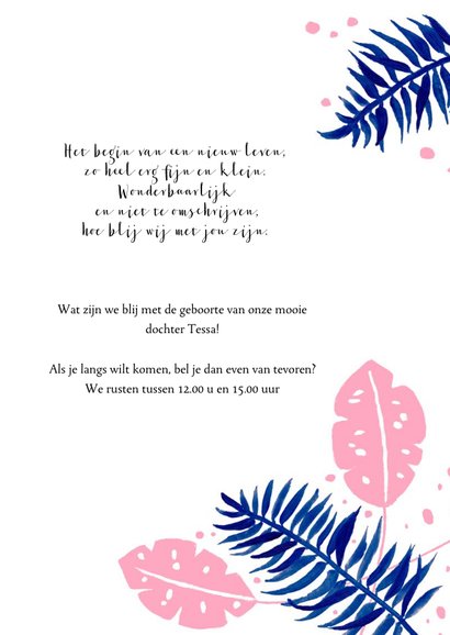 Geboortekaartje botanisch tropisch roze 3