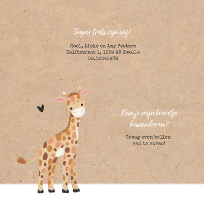 Geboortekaartje broertje giraffe kraft hartjes 2