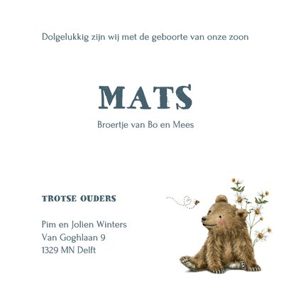 Geboortekaartje broertje met beertjes tussen de bloemen 3