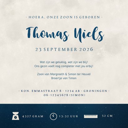 Geboortekaartje broertje silhouet hand in hand met maan Achterkant