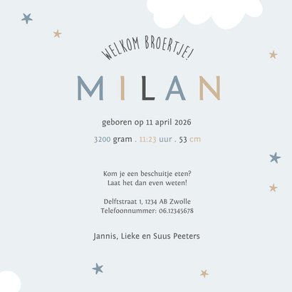 Geboortekaartje broertje uiltjes wolkjes sterretjes 3