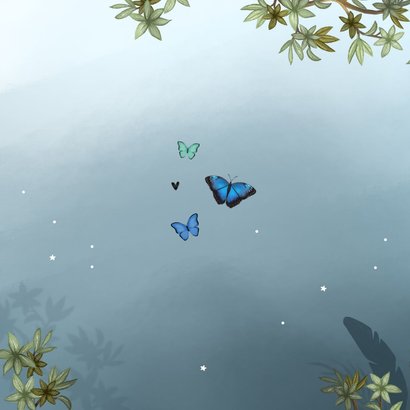 Geboortekaartje broertje zus uil vlinder jungle boom sterren Achterkant