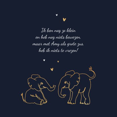 Geboortekaartje broertje zusje dieren olifant goud hartjes 2