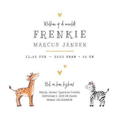 Geboortekaartje broertje zusje giraf zebra hartje goud 3