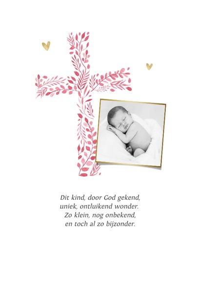 Geboortekaartje christelijk meisje roze hartjes goud foto 2