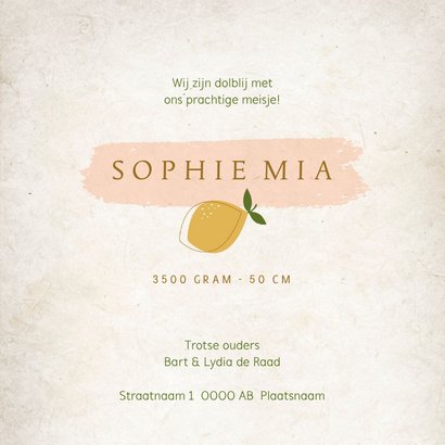 Geboortekaartje citroentjes roze 3