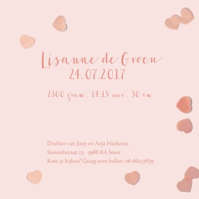 Geboortekaartje confetti hartjes roze 3