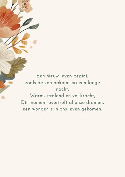 Geboortekaartje dochter met stijlvolle bloemen en vogeltje 2