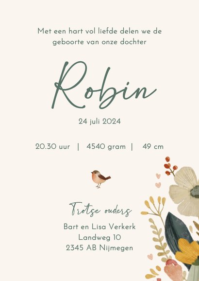 Geboortekaartje dochter met stijlvolle bloemen en vogeltje 3