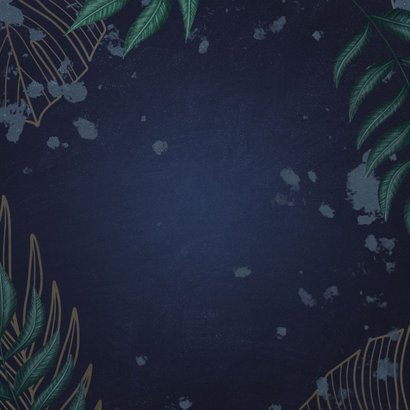 Geboortekaartje donkerblauw met jungle bladeren Achterkant