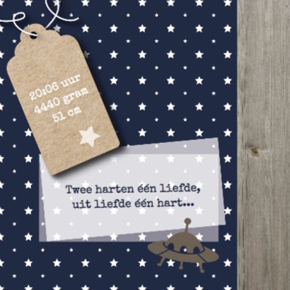 Geboortekaartje donkerblauw met sterren en hout 2
