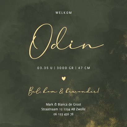 Geboortekaartje donkergroene waterverf gouden poeder 3