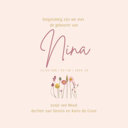 Geboortekaartje droogbloemen roze vierkant 3