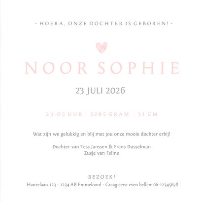 Geboortekaartje eenvoudig wit met roze waterverf hart 3