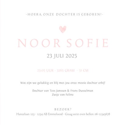 Geboortekaartje eenvoudig wit met roze waterverf hart 3