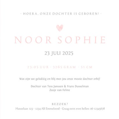 Geboortekaartje eenvoudig wit met roze waterverf hart 3