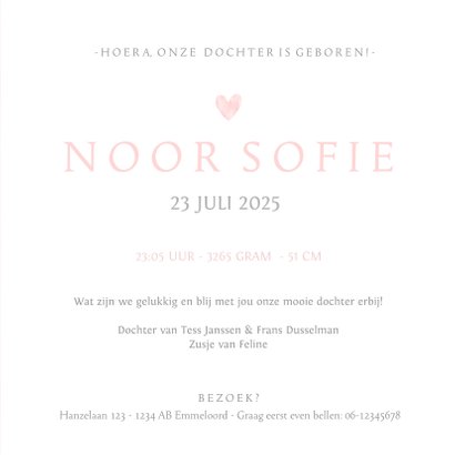Geboortekaartje eenvoudig wit met roze waterverf hart 3