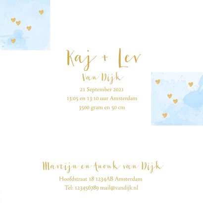 Geboortekaartje foto tweeling aquarel hartjes lichtblauw 3