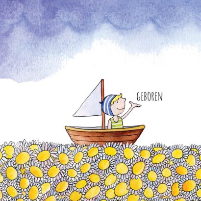 Geboortekaartje getekend bootje bloemenzee 2