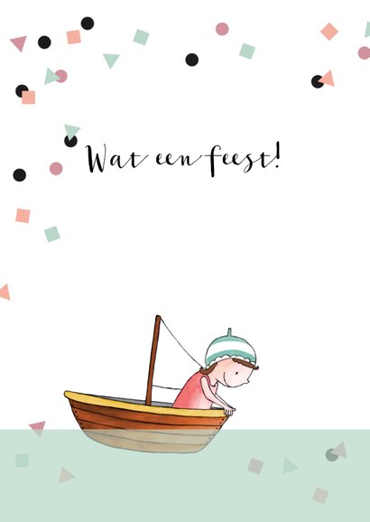 Geboortekaartje getekend meisje in bootje confetti 2