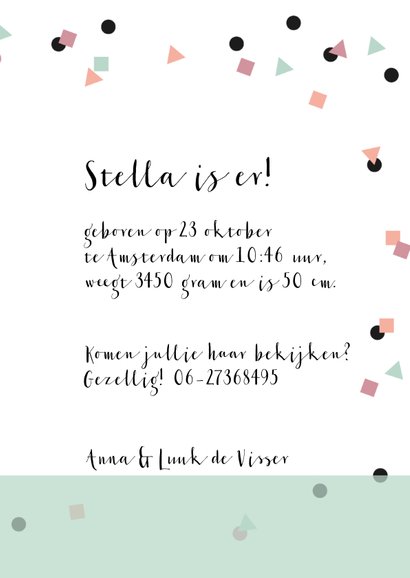 Geboortekaartje getekend meisje in bootje confetti 3